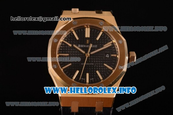 Audemars Piguet Royal Oak 41 Clone AP Calibre 3120 Automatic Yellow Gold Case with Black Dial Stick Markers and Black Leather Strap (BP) - Click Image to Close